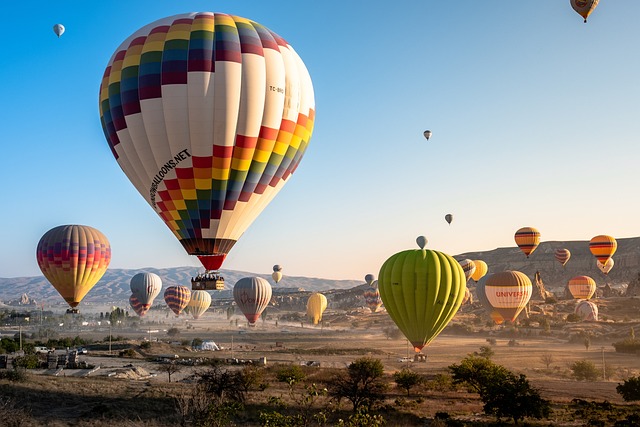 Photo of hot air balloons rising above a landscape.